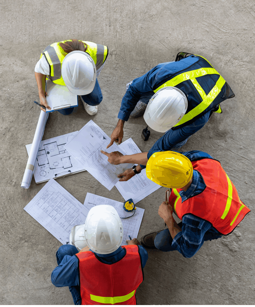 Engineers discussing building plans together