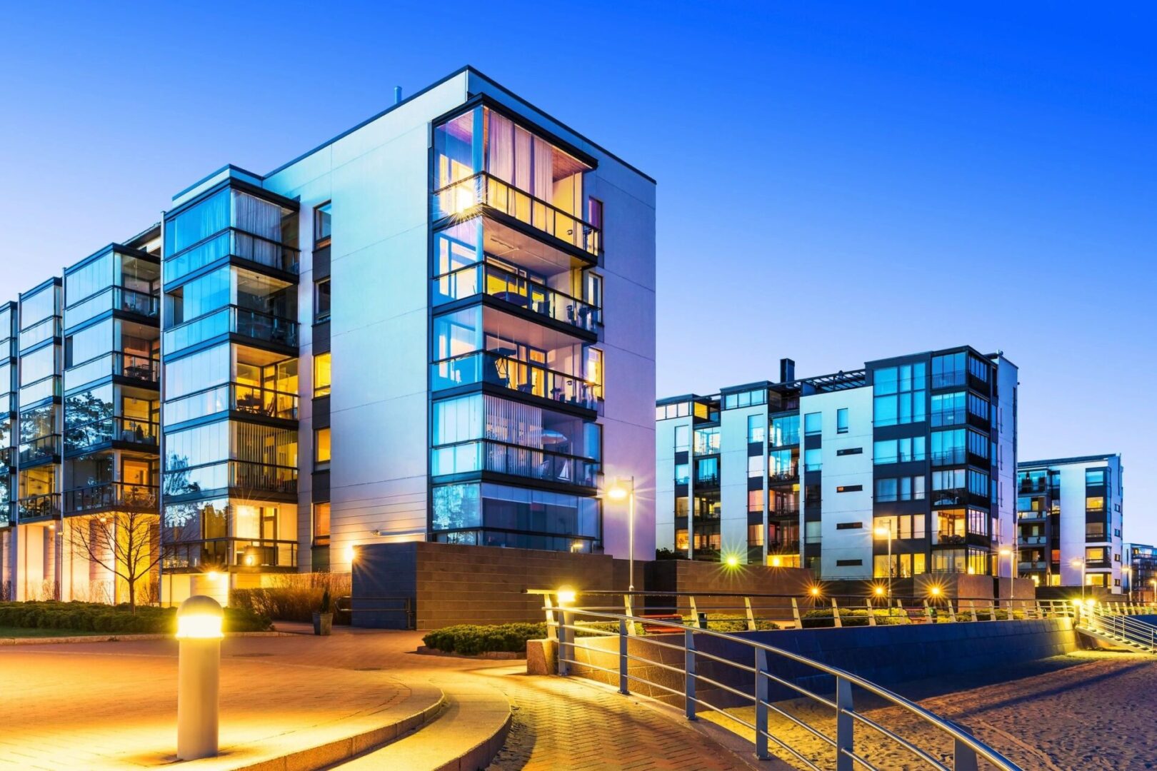 Modern apartments at dusk