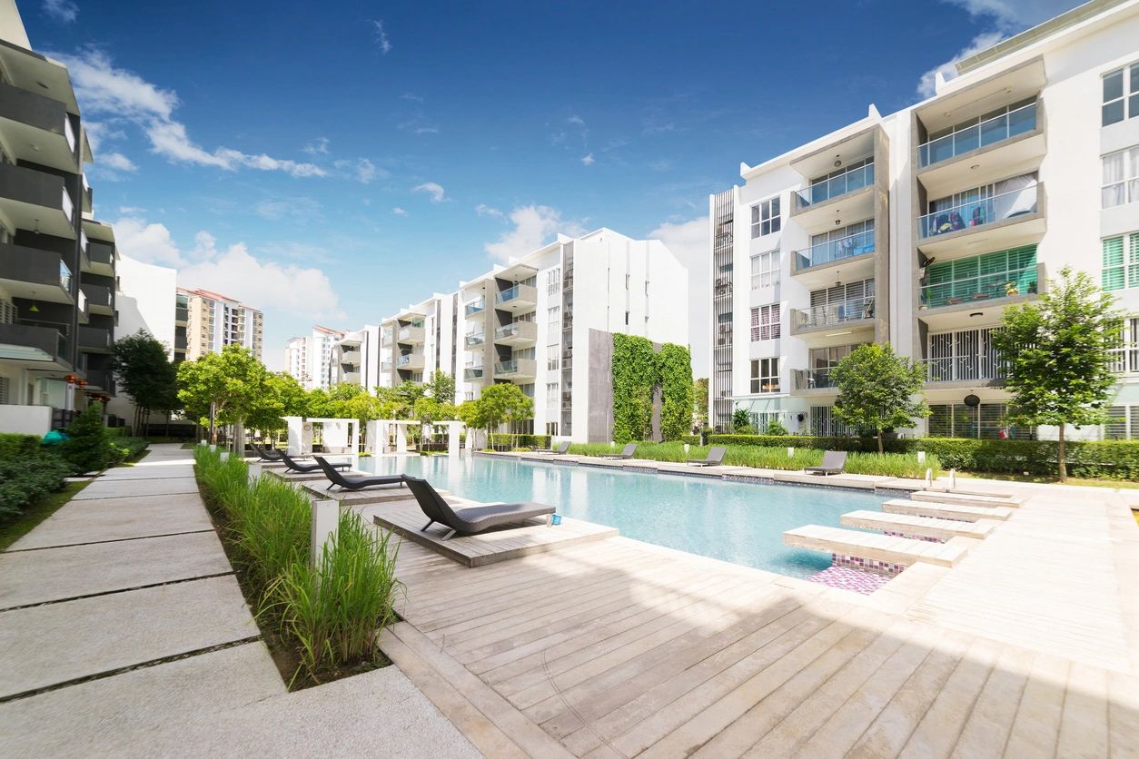 Contemporary residential buildings and poolside